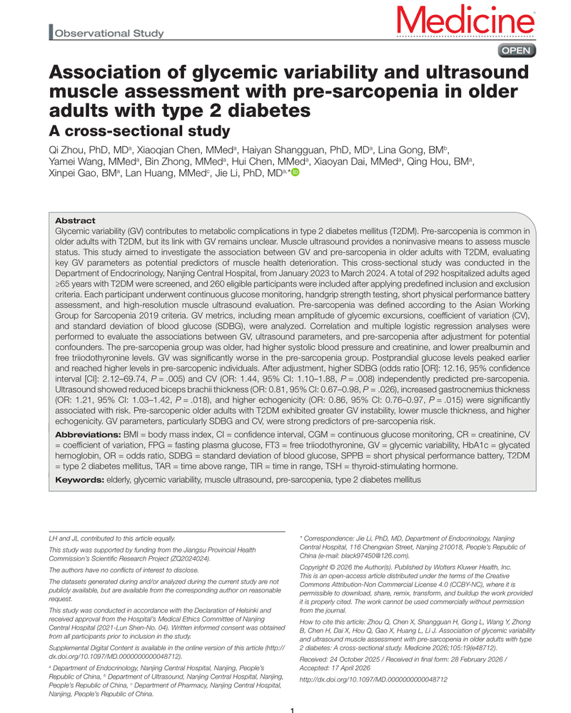 ASSOCIATION OF GLYCEMIC VARIABILITY AND ULTRASOUND MUSCLE ASSESSMENT WITH PRE-SARCOPENIA IN OLDER ADULTS WITH TYPE 2 DIABETES cover