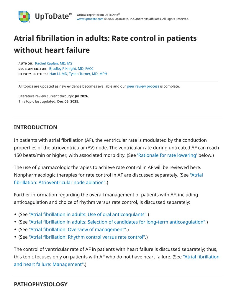ATRIAL FIBRILLATION IN ADULTS: RATE CONTROL IN PATIENTS WITHOUT HEART FAILURE cover
