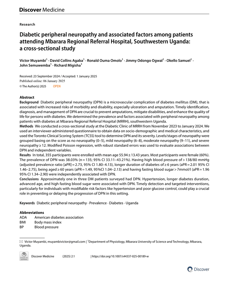 DIABETIC PERIPHERAL NEUROPATHY AND ASSOCIATED FACTORS AMONG PATIENTS ATTENDING MBARARA REGIONAL REFERRAL HOSPITAL, SOUTHWESTERN UGANDA: A CROSS-SECTIONAL STUDY cover