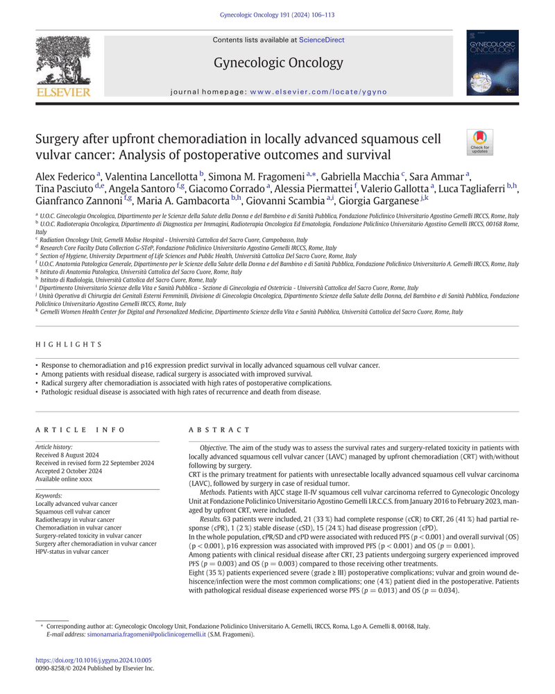 SURGERY AFTER UPFRONT CHEMORADIATION IN LOCALLY ADVANCED SQUAMOUS CELL VULVAR CANCER: ANALYSIS OF POSTOPERATIVE OUTCOMES AND SURVIVAL cover