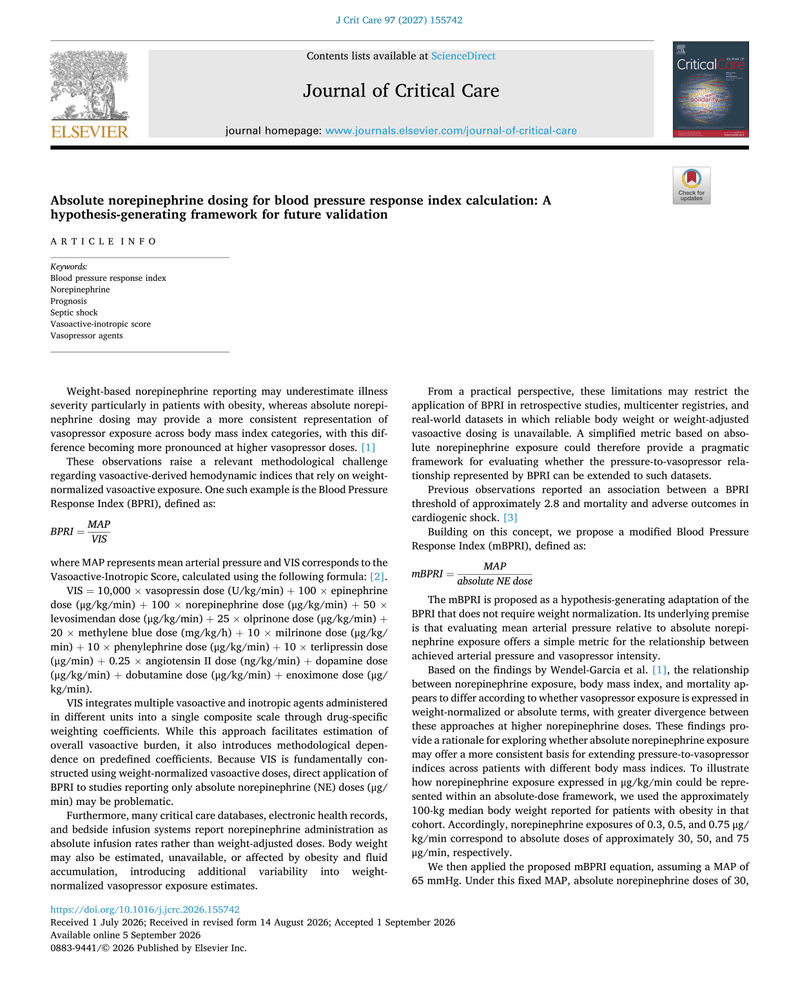 ABSOLUTE NOREPINEPHRINE DOSING FOR BLOOD PRESSURE RESPONSE INDEX CALCULATION: A HYPOTHESIS-GENERATING FRAMEWORK FOR FUTURE VALIDATION cover