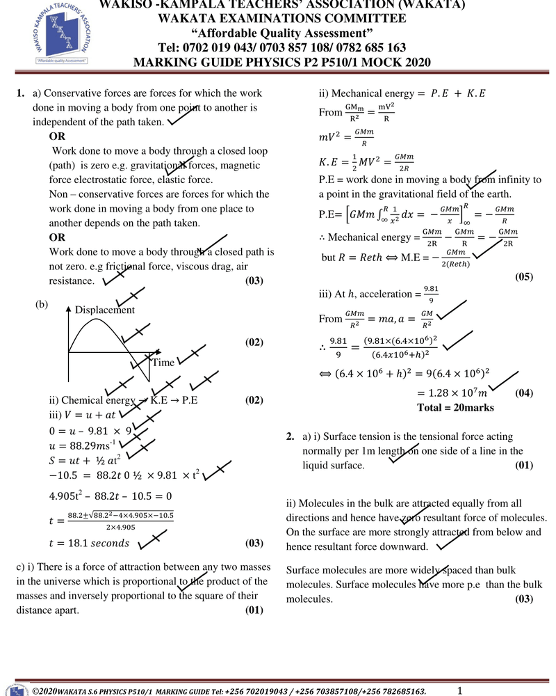 MARKING GUIDE PHYSICS P2 P510/1 MOCK 2020 cover