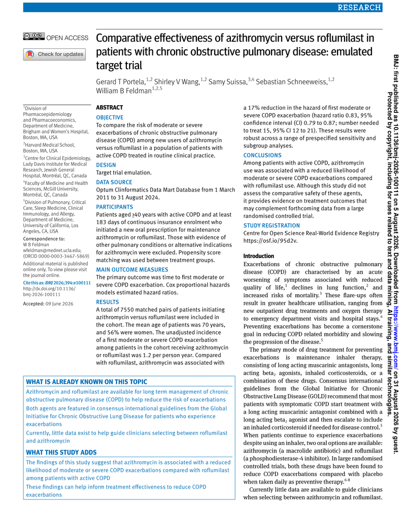 COMPARATIVE EFFECTIVENESS OF AZITHROMYCIN VERSUS ROFLUMILAST IN PATIENTS WITH CHRONIC OBSTRUCTIVE PULMONARY DISEASE: EMULATED TARGET TRIAL cover