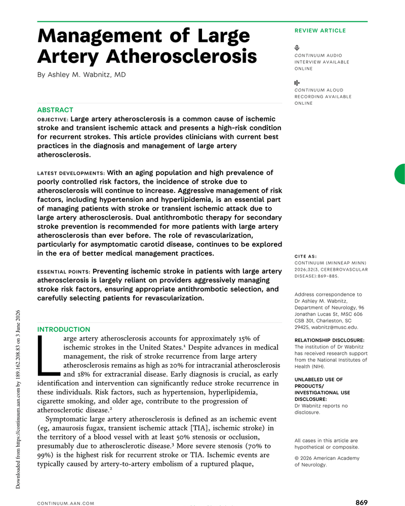 MANAGEMENT OF LARGE ARTERY ATHEROSCLEROSIS cover