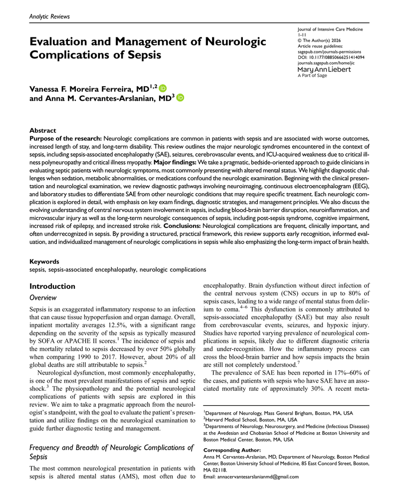 EVALUATION AND MANAGEMENT OF NEUROLOGIC COMPLICATIONS OF SEPSIS cover