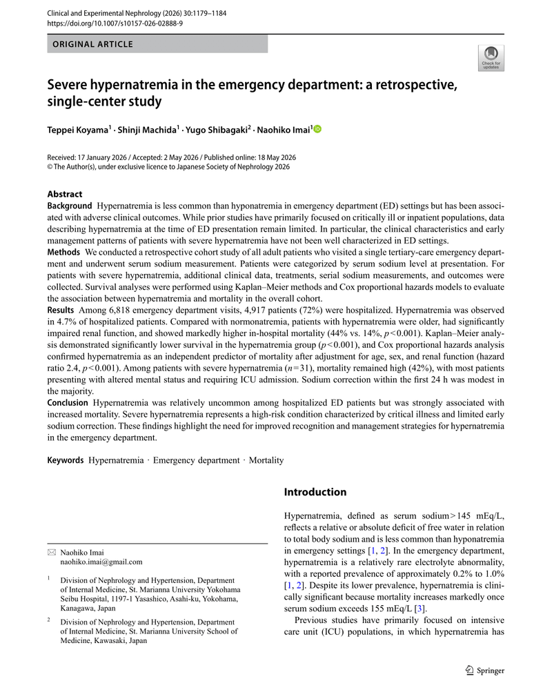 SEVERE HYPERNATREMIA IN THE EMERGENCY DEPARTMENT: A RETROSPECTIVE, SINGLE-CENTER STUDY cover
