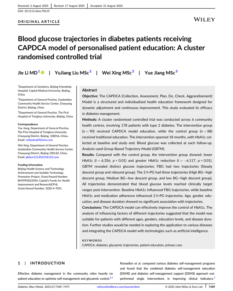 BLOOD GLUCOSE TRAJECTORIES IN DIABETES PATIENTS RECEIVING CAPDCA MODEL OF PERSONALISED PATIENT EDUCATION: A CLUSTER RANDOMISED CONTROLLED TRIAL cover