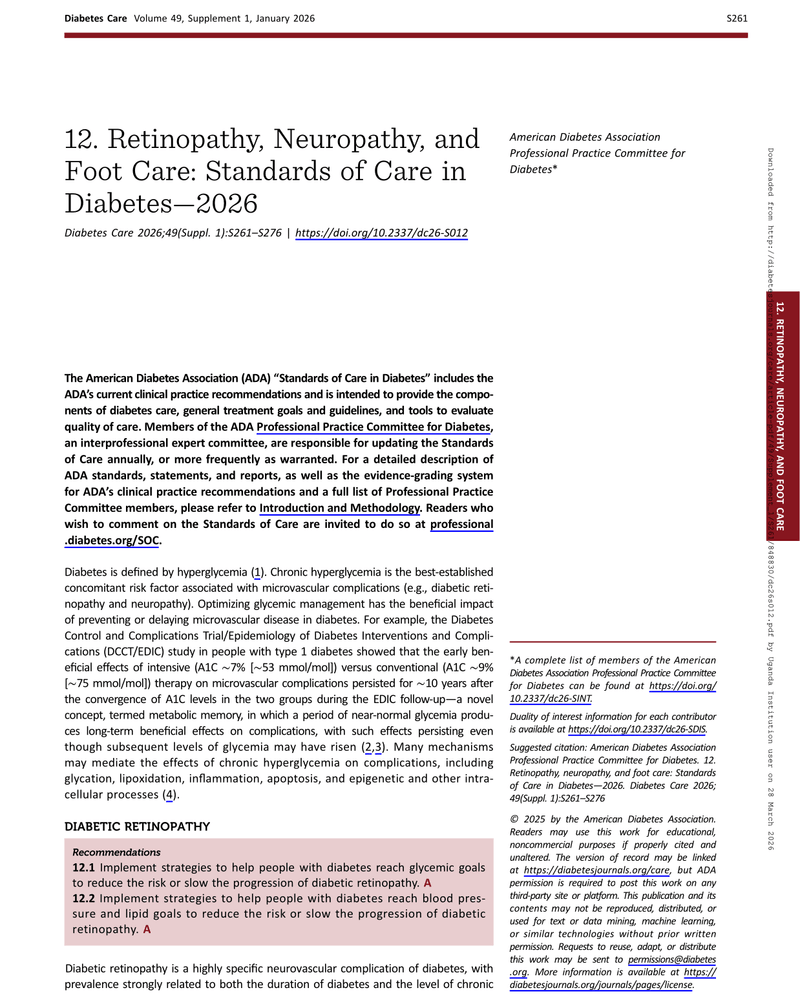 RETINOPATHY, NEUROPATHY, AND FOOT CARE: STANDARDS OF CARE IN DIABETES—2026 cover