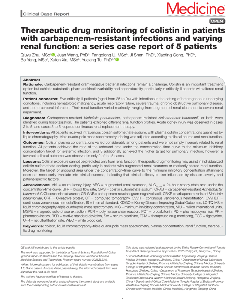 THERAPEUTIC DRUG MONITORING OF COLISTIN IN PATIENTS WITH CARBAPENEM-RESISTANT INFECTIONS AND VARYING RENAL FUNCTION: A SERIES CASE REPORT OF 5 PATIENTS cover