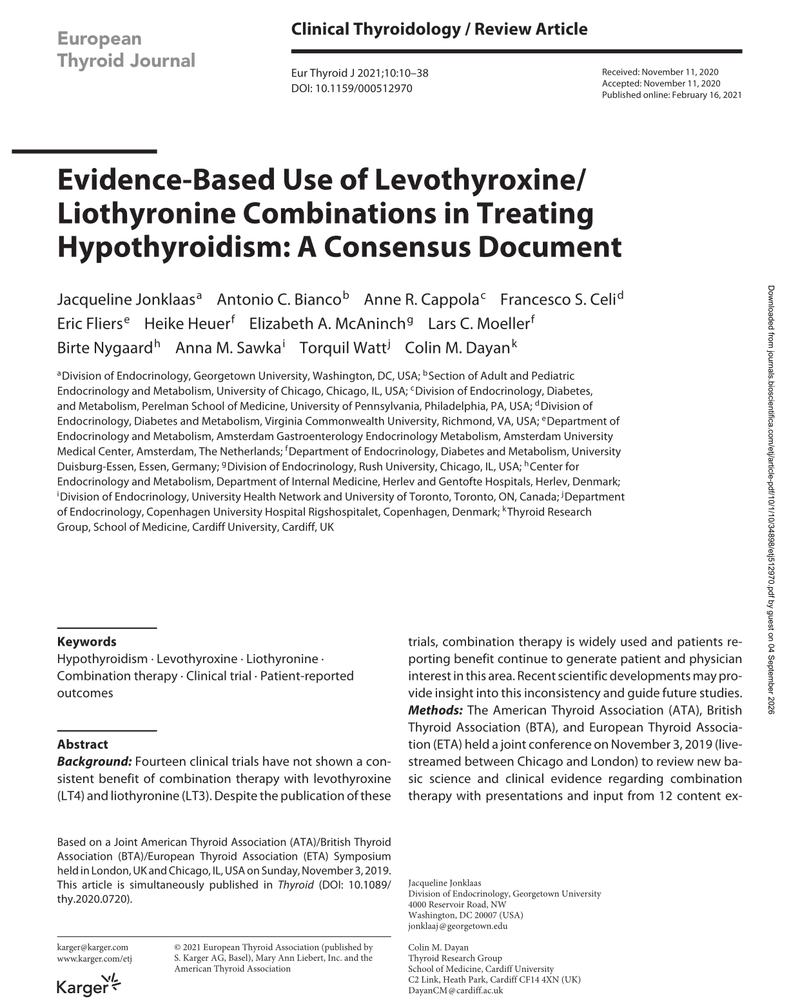 EVIDENCE-BASED USE OF LEVOTHYROXINE/LIOTHYRONINE COMBINATIONS IN TREATING HYPOTHYROIDISM: A CONSENSUS DOCUMENT cover