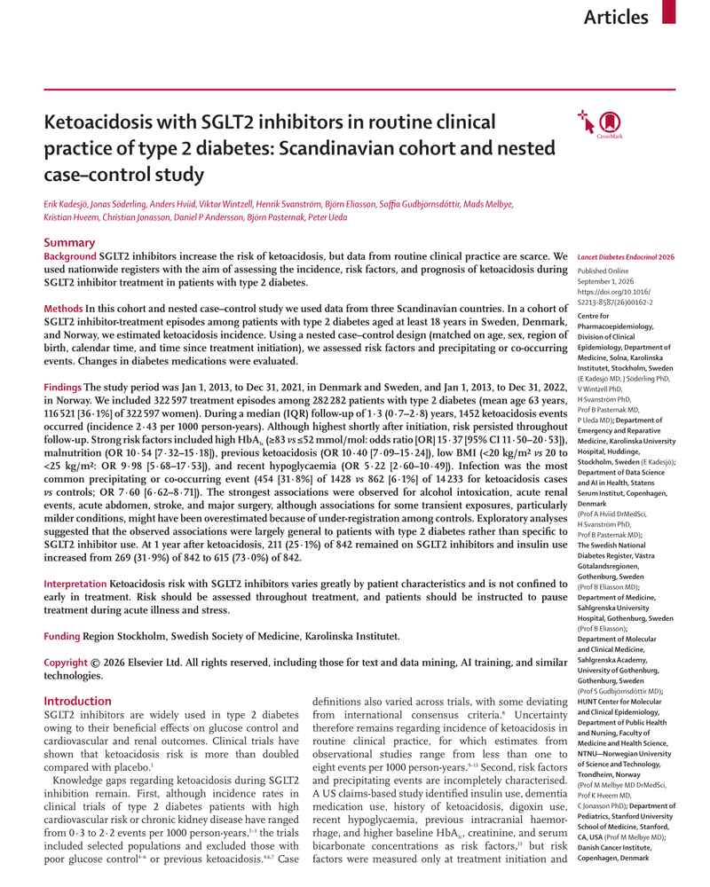 KETOACIDOSIS WITH SGLT2 INHIBITORS IN ROUTINE CLINICAL PRACTICE OF TYPE 2 DIABETES: SCANDINAVIAN COHORT AND NESTED CASE–CONTROL STUDY cover