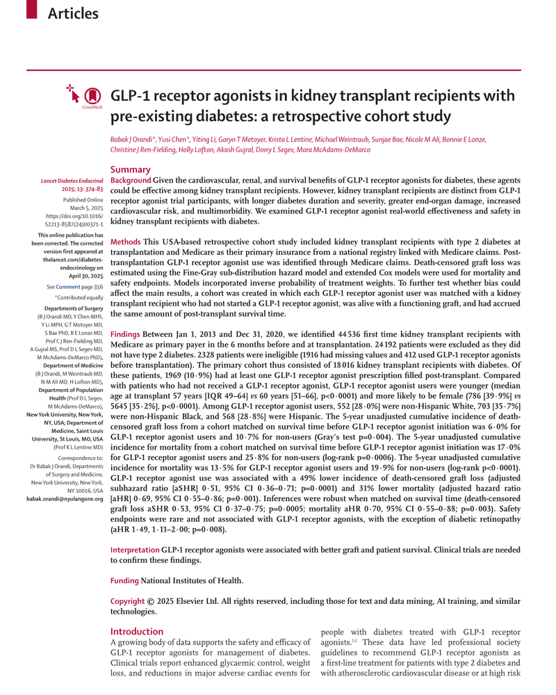 GLP-1 RECEPTOR AGONISTS IN KIDNEY TRANSPLANT RECIPIENTS WITH PRE-EXISTING DIABETES: A RETROSPECTIVE COHORT STUDY cover
