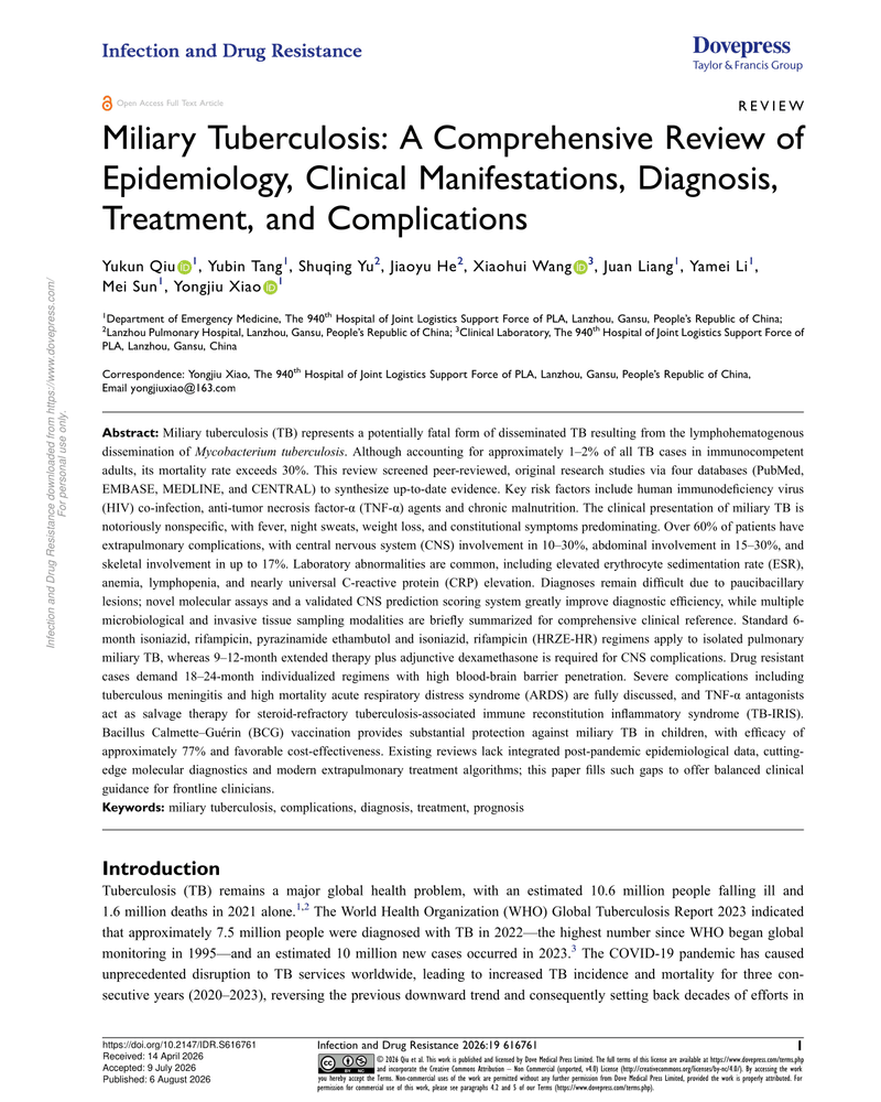 MILITARY TUBERCULOSIS: A COMPREHENSIVE REVIEW OF EPIDEMIOLOGY, CLINICAL MANIFESTATIONS, DIAGNOSIS, TREATMENT, AND COMPLICATIONS cover