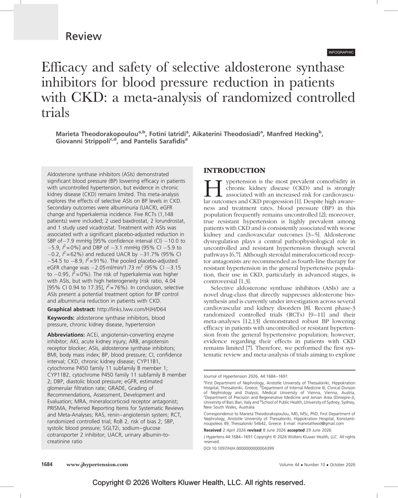 EFFICACY AND SAFETY OF SELECTIVE ALDOSTERONE SYNTHASE INHIBITORS FOR BLOOD PRESSURE REDUCTION IN PATIENTS WITH CKD: A META-ANALYSIS OF RANDOMIZED CONTROLLED TRIALS cover