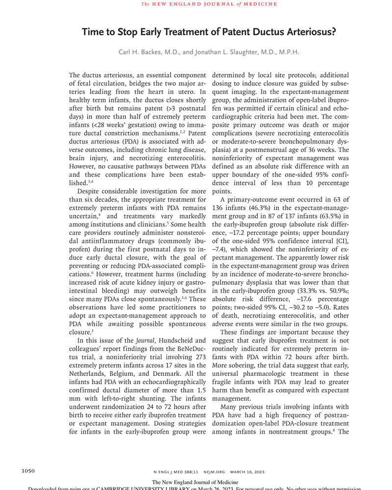 TIME TO STOP EARLY TREATMENT OF PATENT DUCTUS ARTERIOSUS? cover