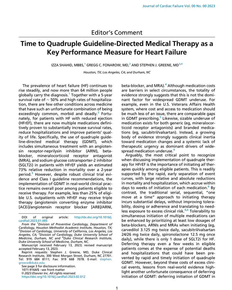 TIME TO QUADRUPLE GUIDELINE-DIRECTED MEDICAL THERAPY AS A KEY PERFORMANCE MEASURE FOR HEART FAILURE cover