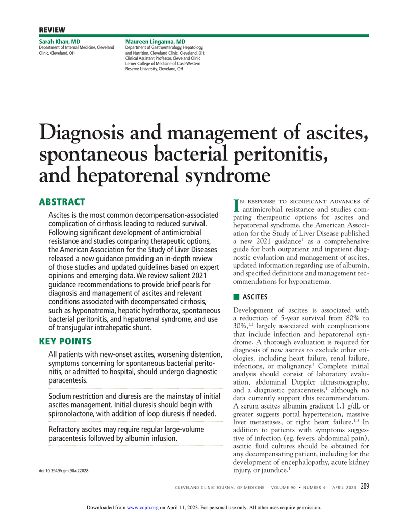 DIAGNOSIS AND MANAGEMENT OF ASCITES, SPONTANEOUS BACTERIAL PERITONITIS, AND HEPATORENAL SYNDROME cover