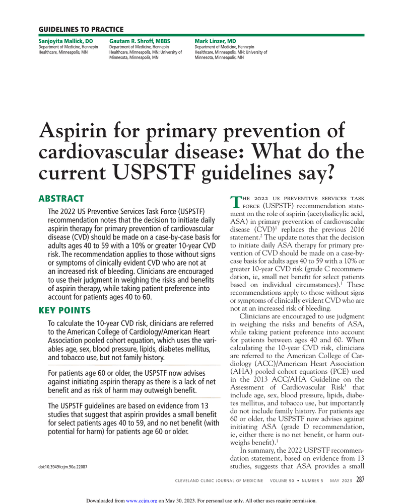 ASPIRIN FOR PRIMARY PREVENTION OF CARDIOVASCULAR DISEASE: WHAT DO THE CURRENT USPSTF GUIDELINES SAY? cover