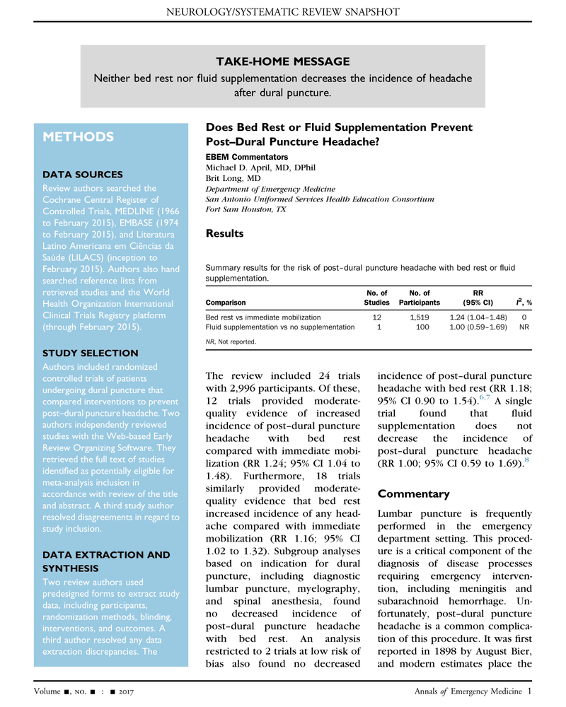 DOES BED REST OR FLUID SUPPLEMENTATION PREVENT POST-DURAL PUNCTURE HEADACHE? cover