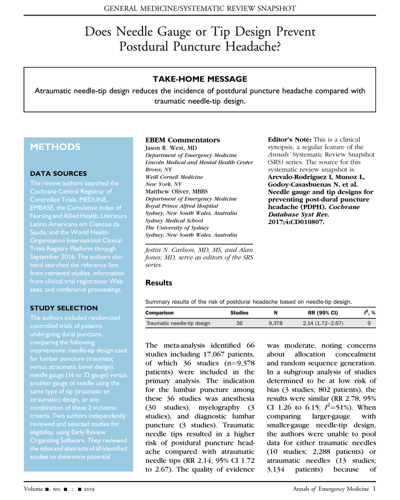 DOES NEEDLE GAUGE OR TIP DESIGN PREVENT POSTDURAL PUNCTURE HEADACHE? cover