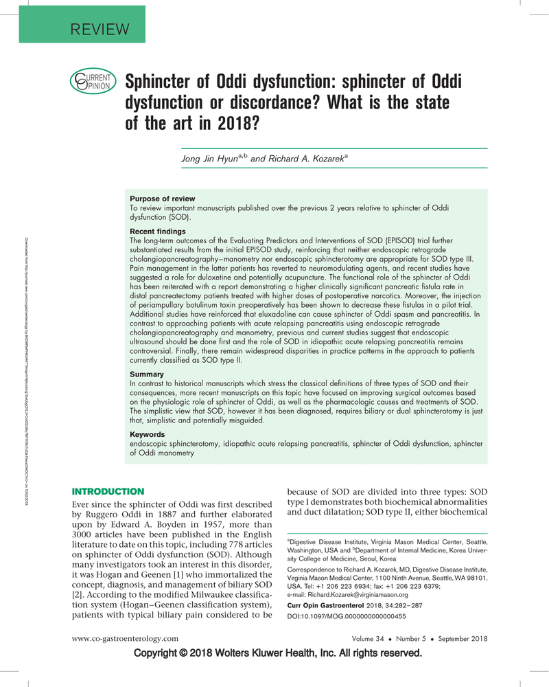 SPHINCTER OF ODDI DYSFUNCTION: SPHINCTER OF ODDI DYSFUNCTION OR DISCORDANCE? WHAT IS THE STATE OF THE ART IN 2018? cover