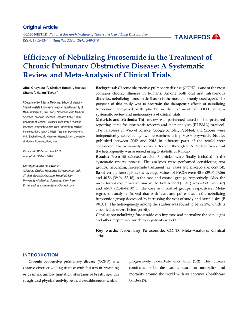EFFICIENCY OF NEBULIZING FUROSEMIDE IN THE TREATMENT OF CHRONIC PULMONARY OBSTRUCTIVE DISEASE: A SYSTEMATIC REVIEW AND META-ANALYSIS OF CLINICAL TRIALS cover