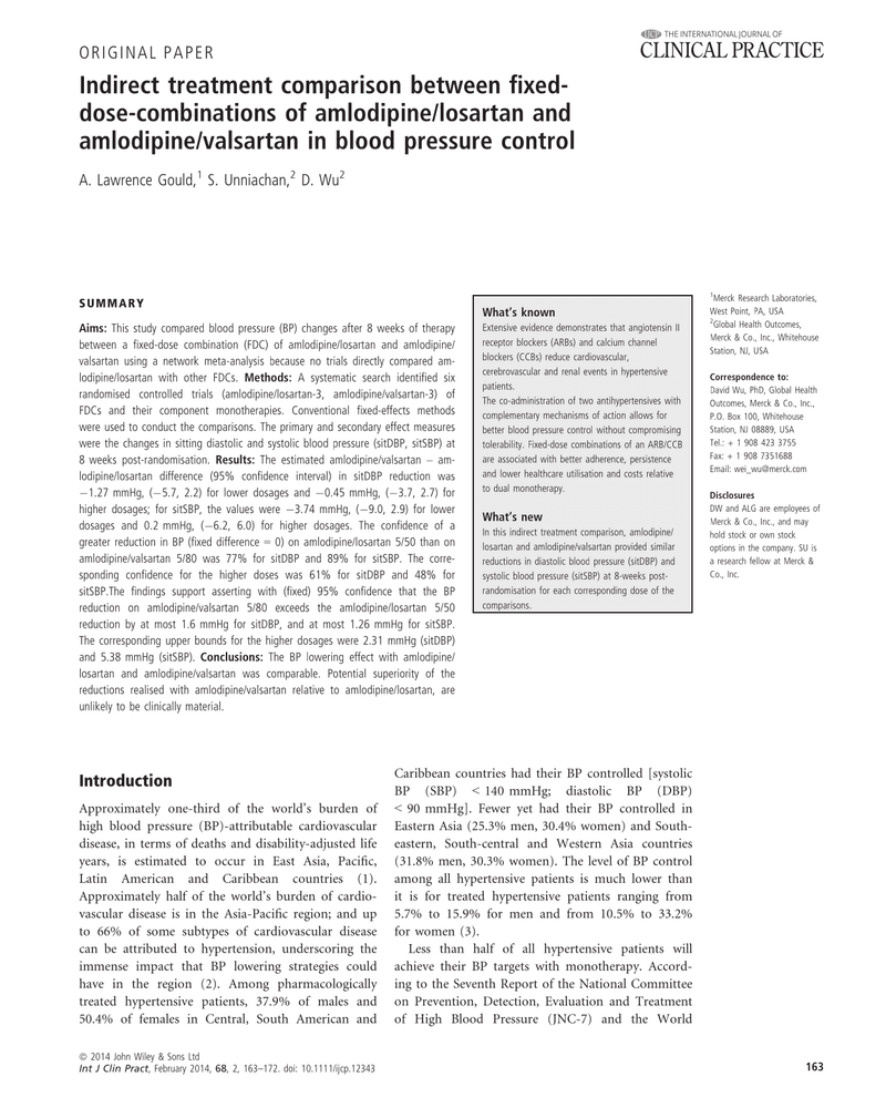 INDIRECT TREATMENT COMPARISON BETWEEN FIXED-DOSE-COMBINATIONS OF AMLODIPINE/LOSARTAN AND AMLODIPINE/VALSARTAN IN BLOOD PRESSURE CONTROL cover
