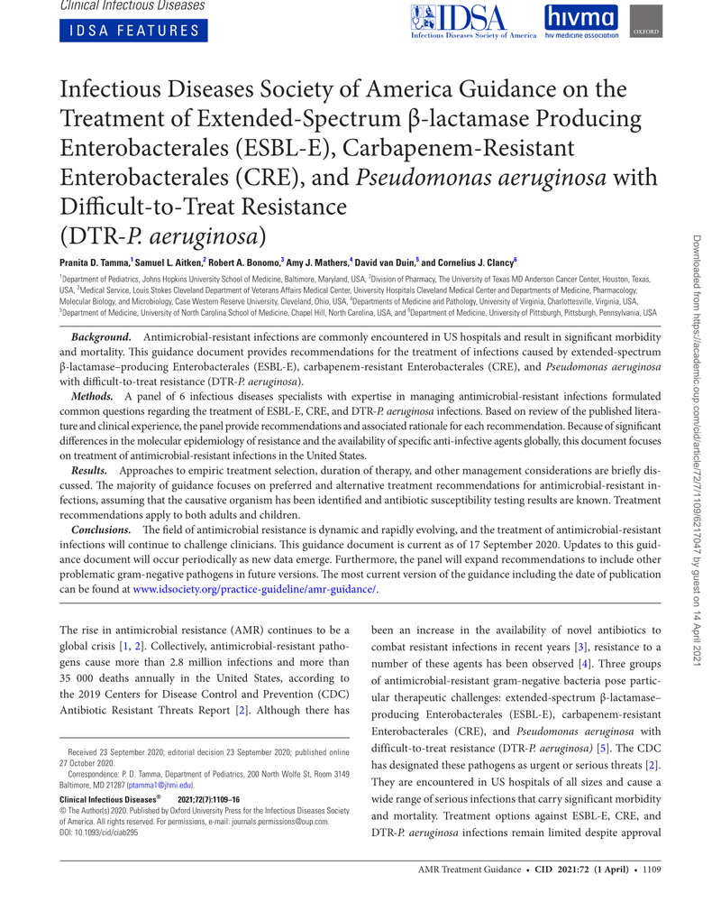 INFECTIOUS DISEASES SOCIETY OF AMERICA GUIDANCE ON THE TREATMENT OF EXTENDED-SPECTRUM β-LACTAMASE PRODUCING ENTEROBACTERALES (ESBL-E), CARBAPENEM-RESISTANT ENTEROBACTERALES (CRE), AND PSEUDOMONAS AERUGINOSA WITH DIFFICULT-TO-TREAT RESISTANCE (DTR- P. cover