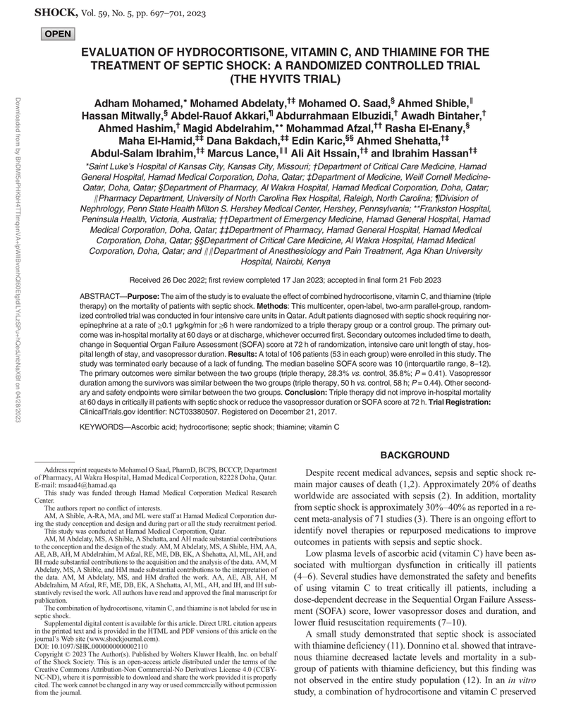 EVALUATION OF HYDROCORTISONE, VITAMIN C, AND THIAMINE FOR THE TREATMENT OF SEPTIC SHOCK: A RANDOMIZED CONTROLLED TRIAL (THE HYVITS TRIAL) cover