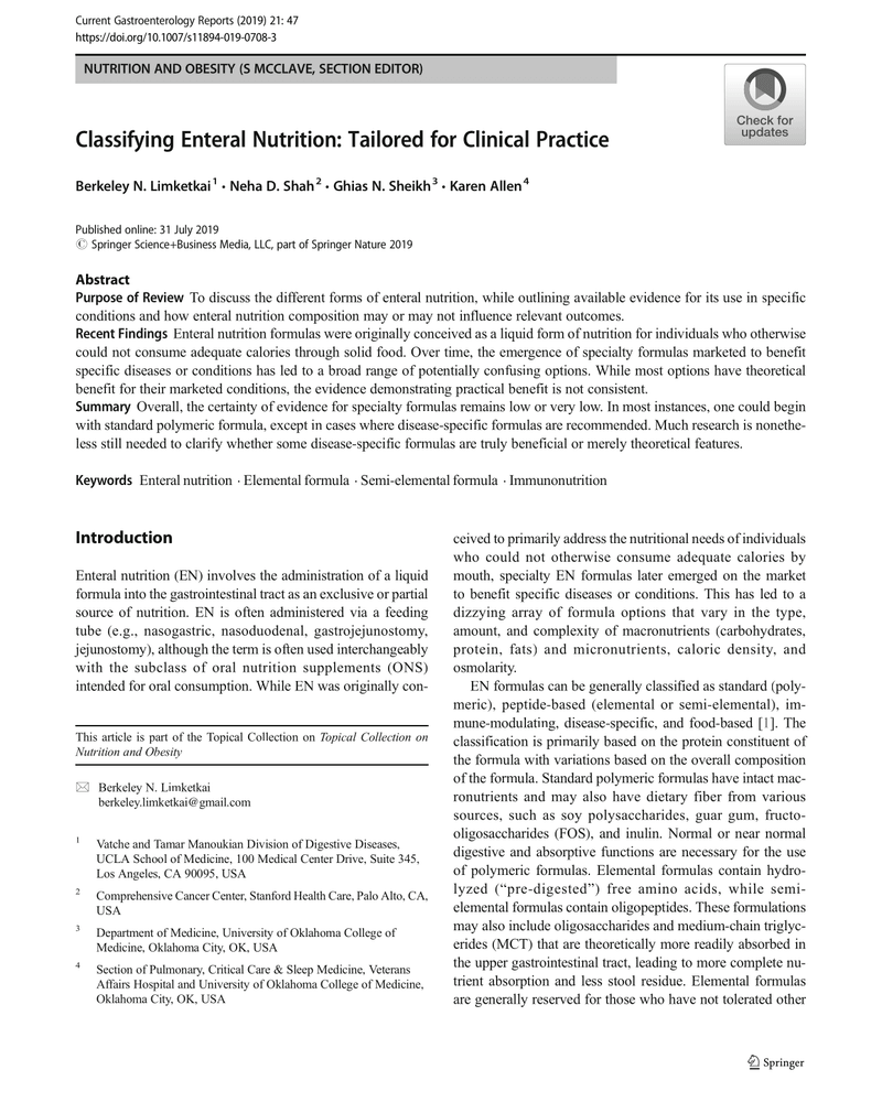 CLASSIFYING ENTERAL NUTRITION: TAILORED FOR CLINICAL PRACTICE cover