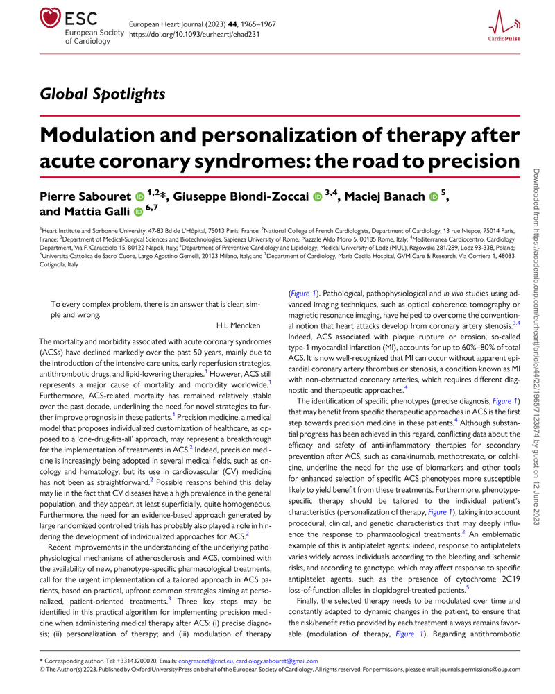 MODULATION AND PERSONALIZATION OF THERAPY AFTER ACUTE CORONARY SYNDROMES: THE ROAD TO PRECISION cover