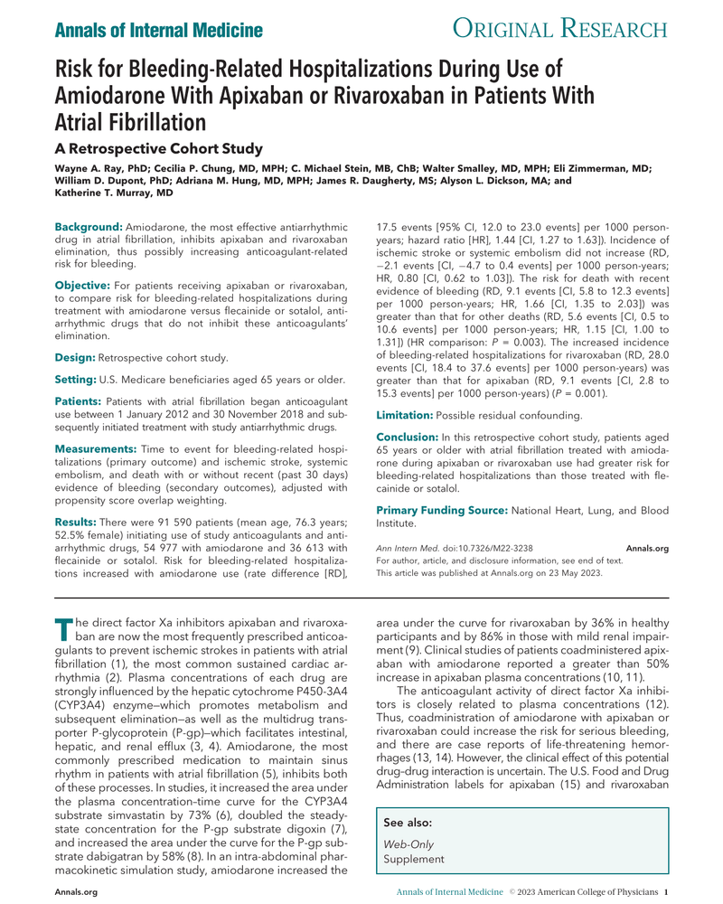RISK FOR BLEEDING-RELATED HOSPITALIZATIONS DURING USE OF AMIODARONE WITH APIXABAN OR RIVAROXABAN IN PATIENTS WITH ATRIAL FIBRILLATION cover
