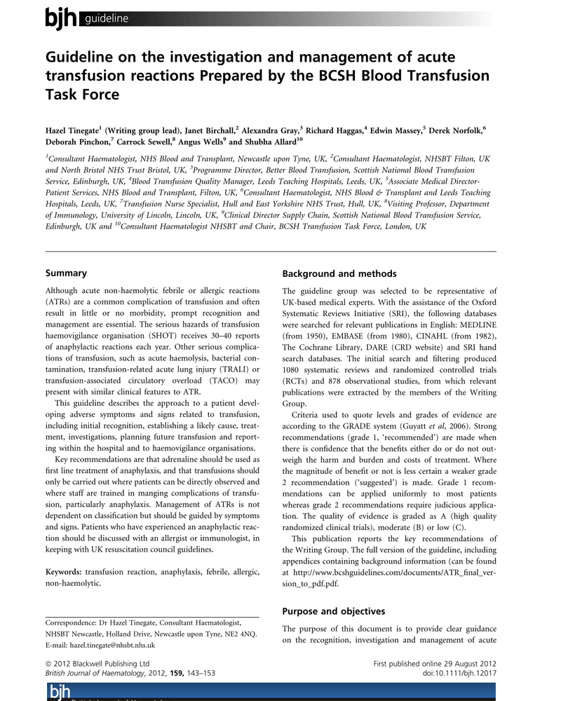 GUIDELINE ON THE INVESTIGATION AND MANAGEMENT OF ACUTE TRANSFUSION REACTIONS cover