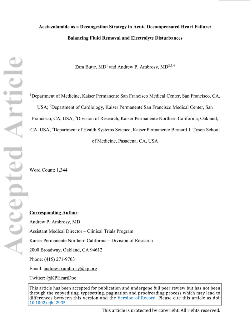 ACETAZOLAMIDE AS A DECONGESTION STRATEGY IN ACUTE DECOMPENSATED HEART FAILURE: BALANCING FLUID REMOVAL AND ELECTROLYTE DISTURBANCES cover