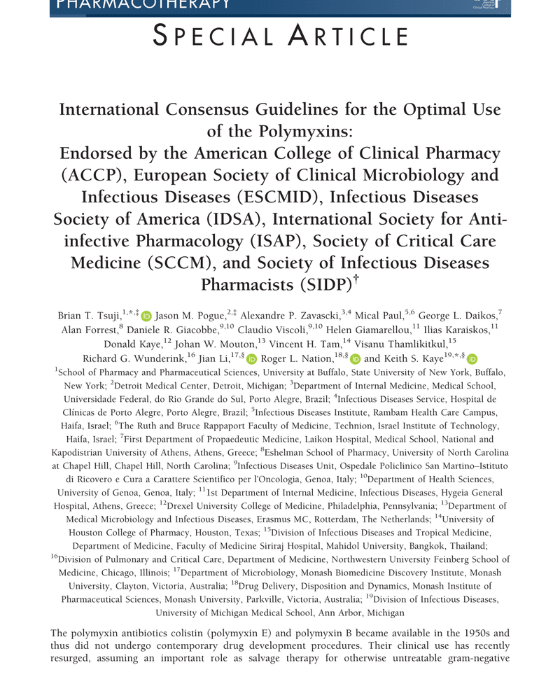 INTERNATIONAL CONSENSUS GUIDELINES FOR THE OPTIMAL USE OF THE POLYMYXINS cover