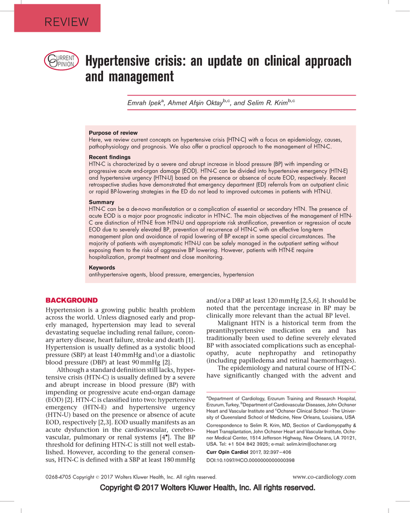 HYPERTENSIVE CRISIS: AN UPDATE ON CLINICAL APPROACH AND MANAGEMENT cover