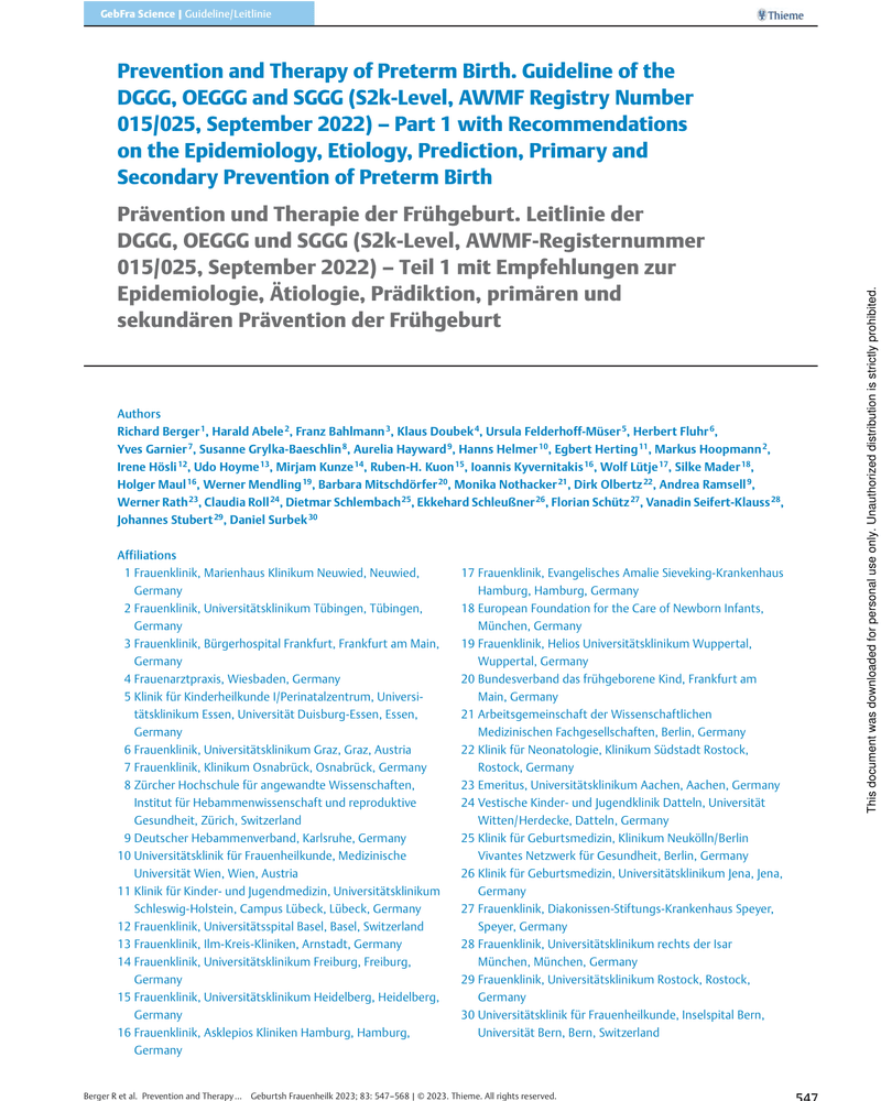 PREVENTION AND THERAPY OF PRETERM BIRTH cover