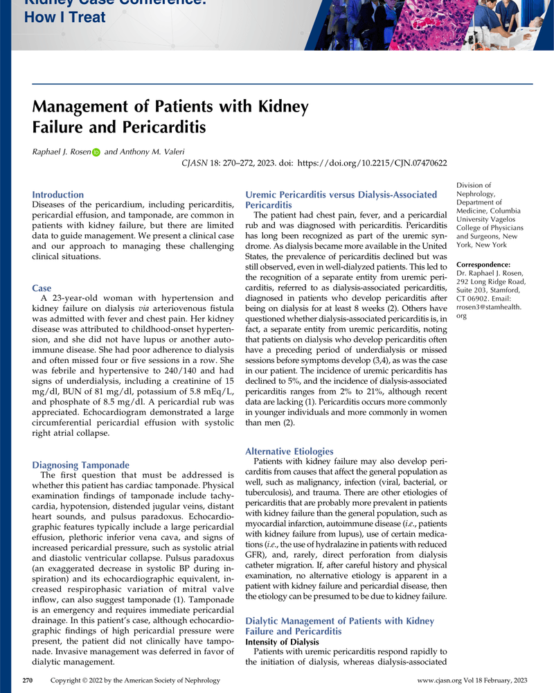 MANAGEMENT OF PATIENTS WITH KIDNEY FAILURE AND PERICARDITIS cover