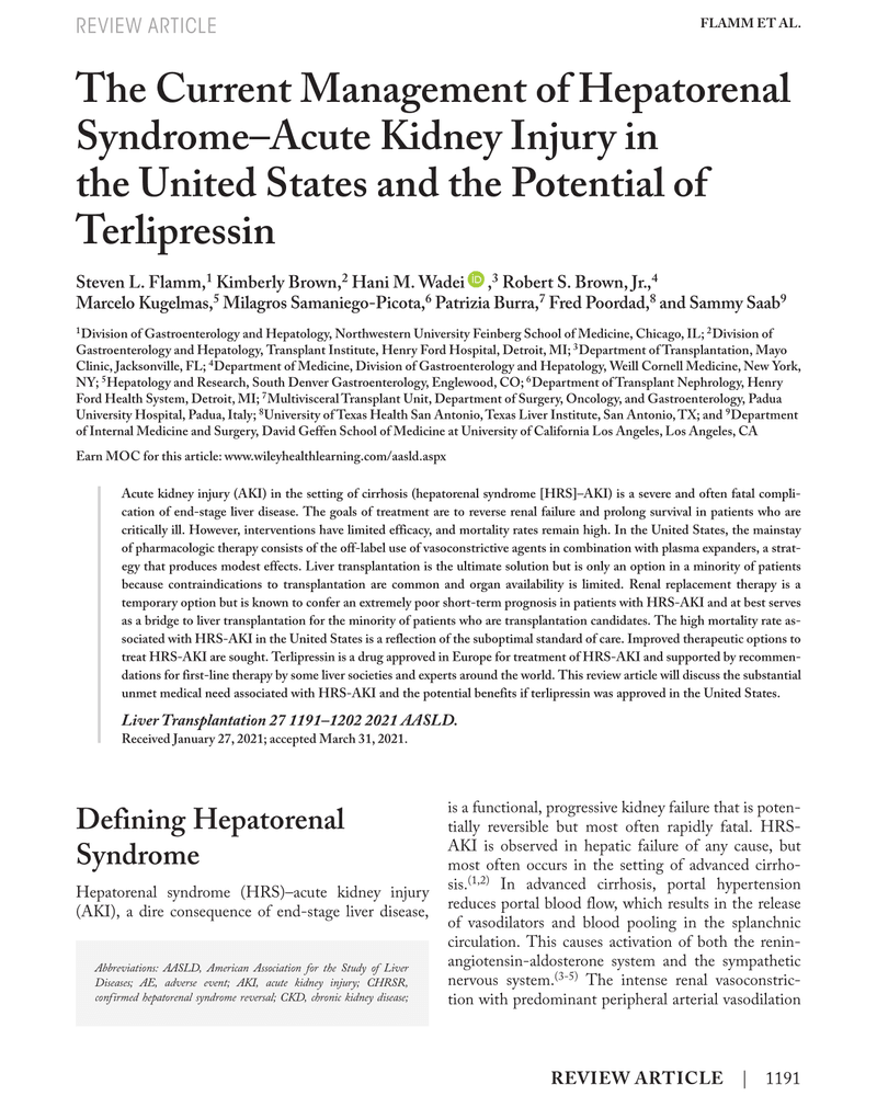 THE CURRENT MANAGEMENT OF HEPATORENAL SYNDROME– ACUTE KIDNEY INJURY IN THE UNITED STATES AND THE POTENTIAL OF TERLIPRESSIN cover