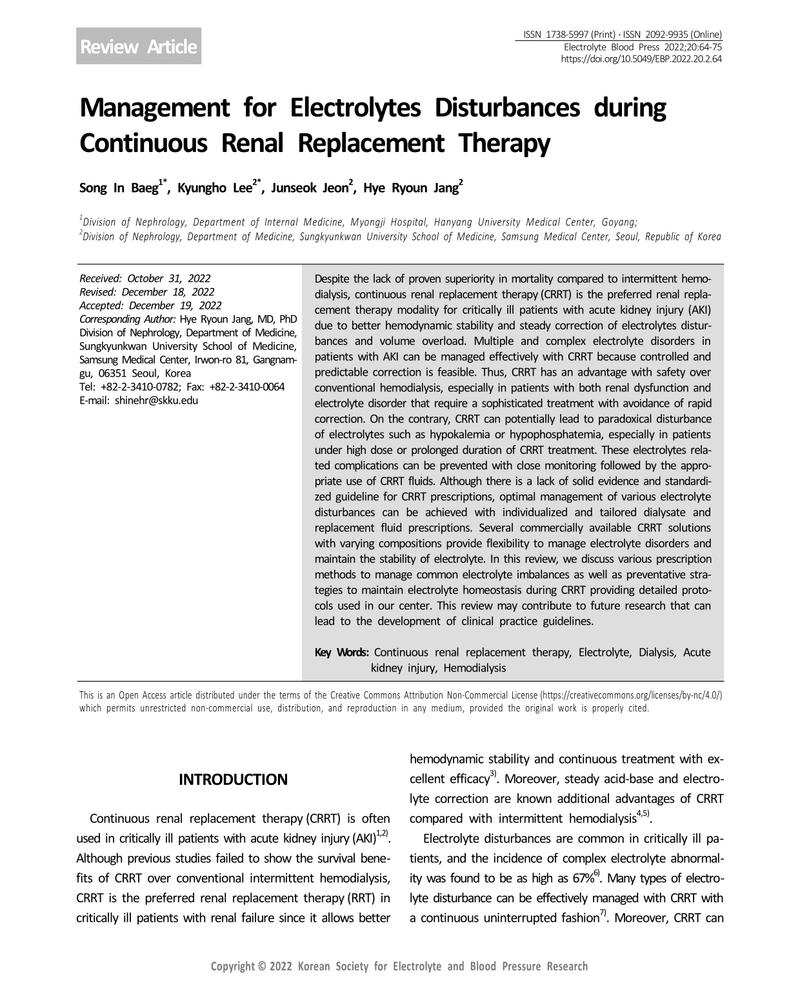 MANAGEMENT FOR ELECTROLYTES DISTURBANCES DURING CONTINUOUS RENAL REPLACEMENT THERAPY cover