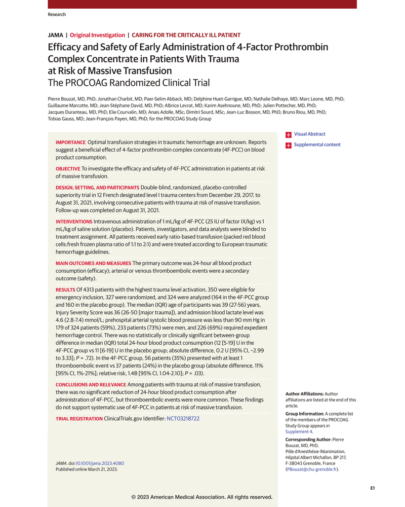 EFFICACY AND SAFETY OF EARLY ADMINISTRATION OF 4-FACTOR PROTHROMBIN COMPLEX CONCENTRATE IN PATIENTS WITH TRAUMA AT RISK OF MASSIVE TRANSFUSION cover