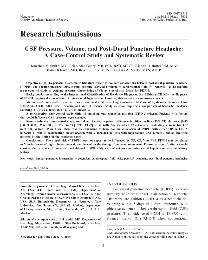 CSF PRESSURE, VOLUME, AND POST-DURAL PUNCTURE HEADACHE: A CASE-CONTROL STUDY AND SYSTEMATIC REVIEW cover