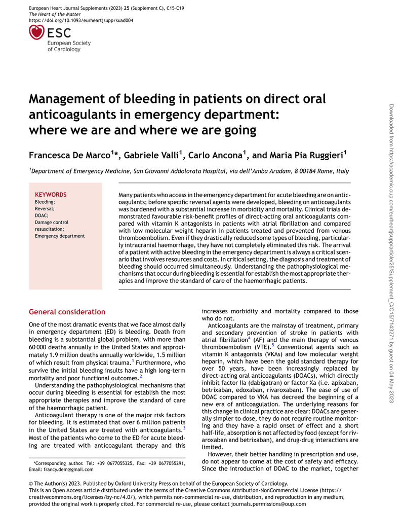 MANAGEMENT OF BLEEDING IN PATIENTS ON DIRECT ORAL ANTICOAGULANTS IN EMERGENCY DEPARTMENT: WHERE WE ARE AND WHERE WE ARE GOING cover