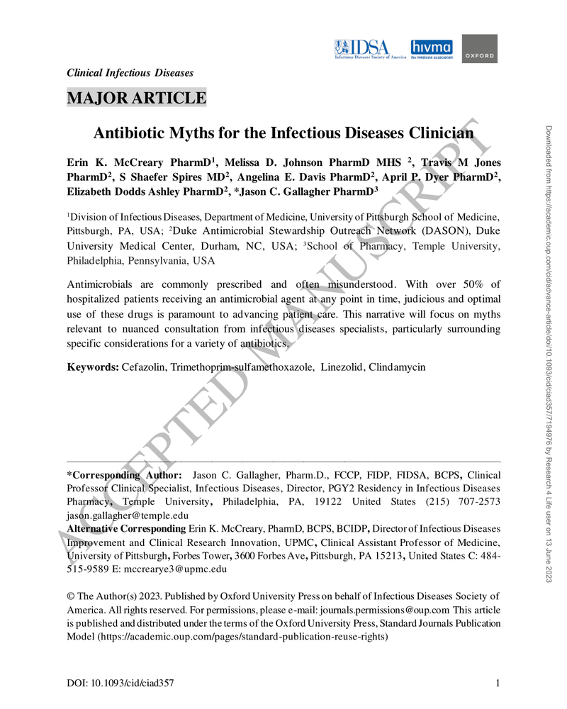 ANTIBIOTIC MYTHS FOR THE INFECTIOUS DISEASES CLINICIAN cover