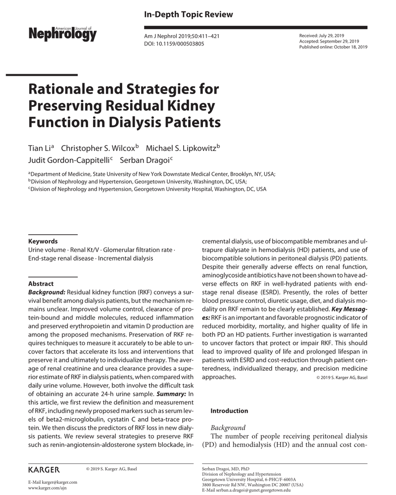 RATIONALE AND STRATEGIES FOR PRESERVING RESIDUAL KIDNEY FUNCTION IN DIALYSIS PATIENTS cover