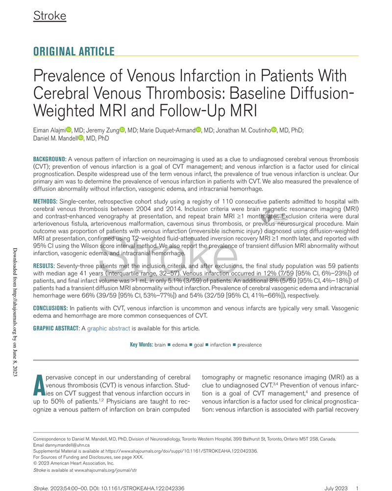 PREVALENCE OF VENOUS INFARCTION IN PATIENTS WITH CEREBRAL VENOUS THROMBOSIS: BASELINE DIFFUSION-WEIGHTED MRI AND FOLLOW-UP MRI cover