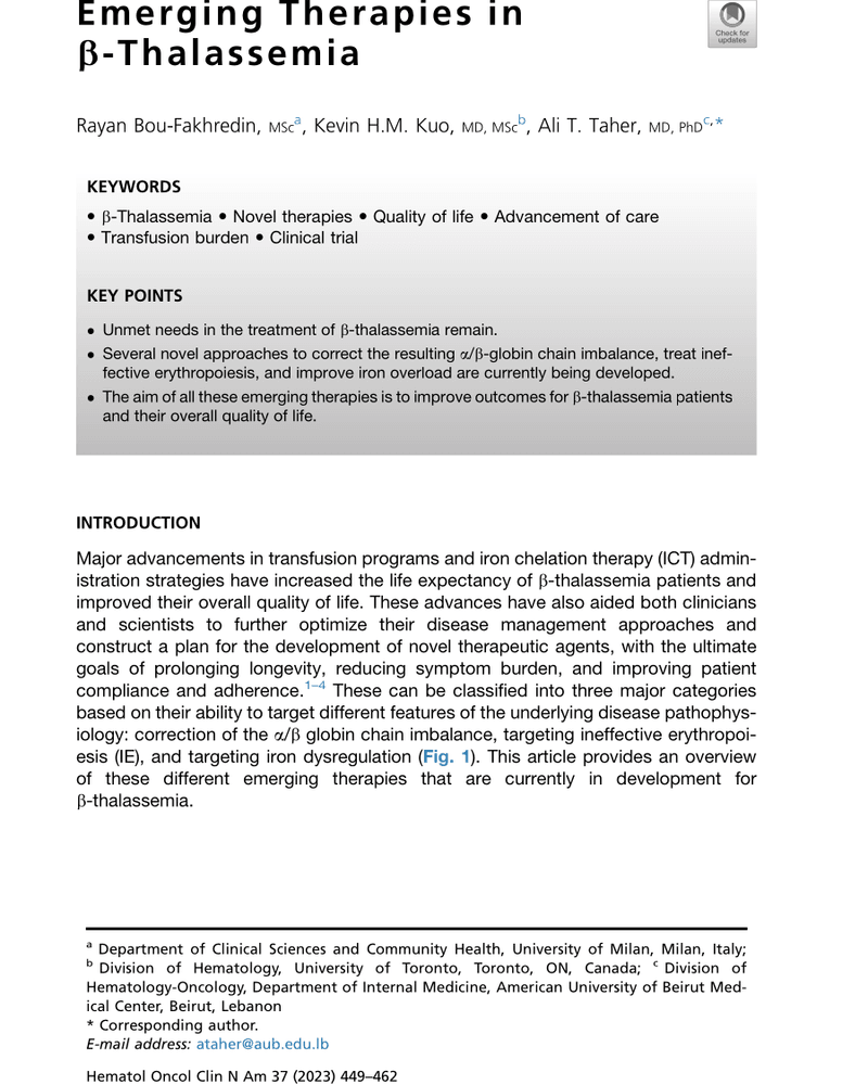 EMERGING THERAPIES IN B-THALASSEMIA cover