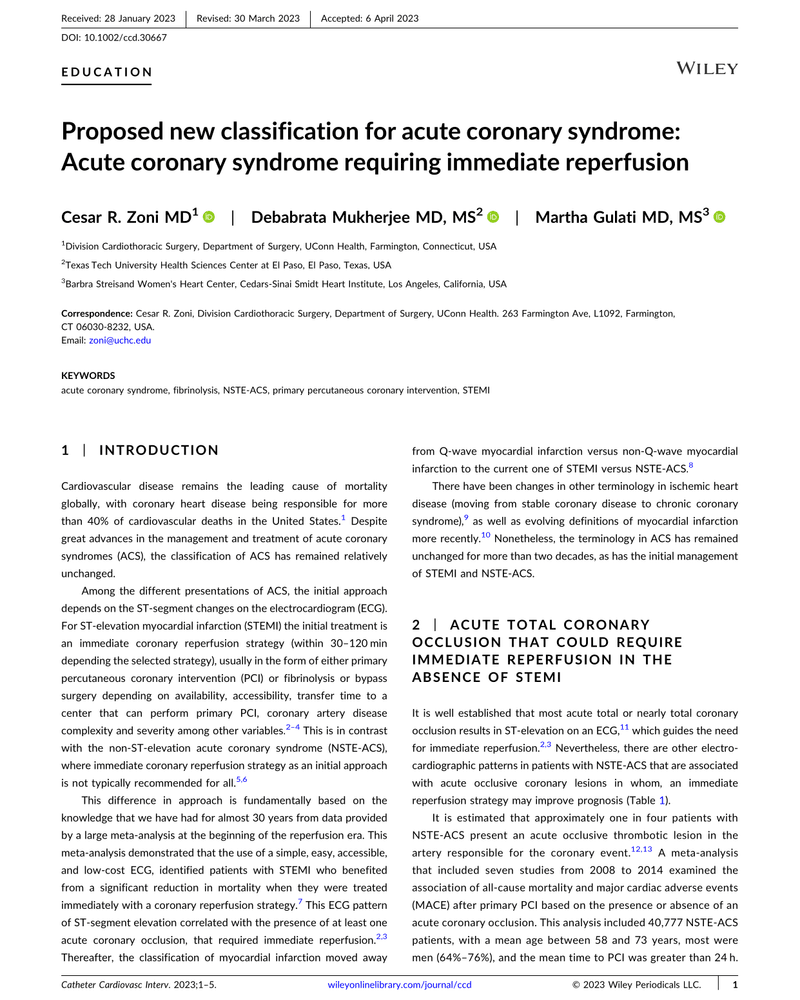PROPOSED NEW CLASSIFICATION FOR ACUTE CORONARY SYNDROME cover