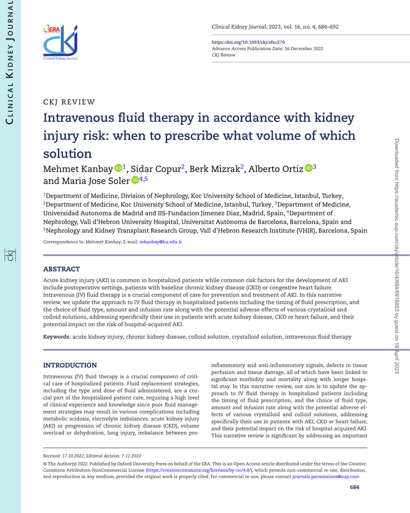 INTRAVENOUS FLUID THERAPY IN ACCORDANCE WITH KIDNEY INJURY RISK: WHEN TO PRESCRIBE WHAT VOLUME OF WHICH SOLUTION cover
