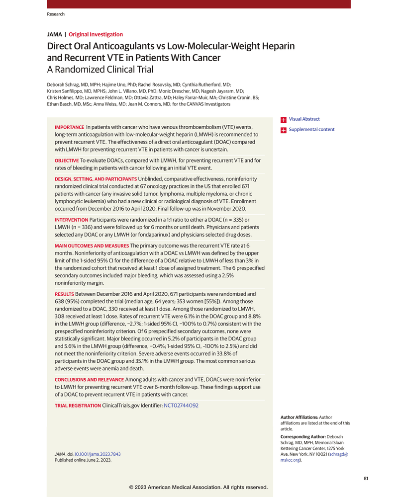 DIRECT ORAL ANTICOAGULANTS VS LOW-MOLECULAR-WEIGHT HEPARIN AND RECURRENT VTE IN PATIENTS WITH CANCER cover